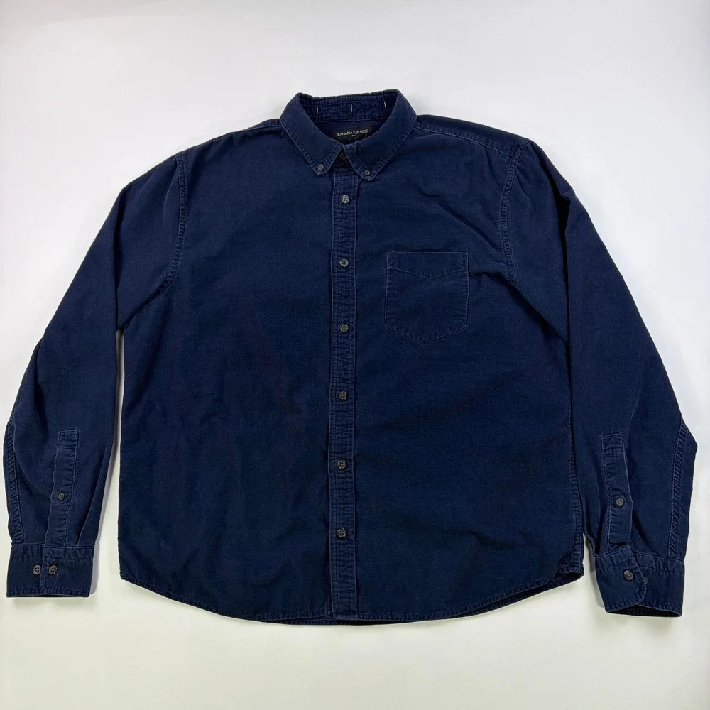 Banana Republic Slim Untuck Fit Corduroy Shirt Mens L Navy Blue Button Down